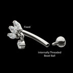 Internally Threaded V-Prong Triple Marquise Gem Fixed Top Curved Barbell with Floating Prong Gem Dangle Earring / Nosering – Titanium