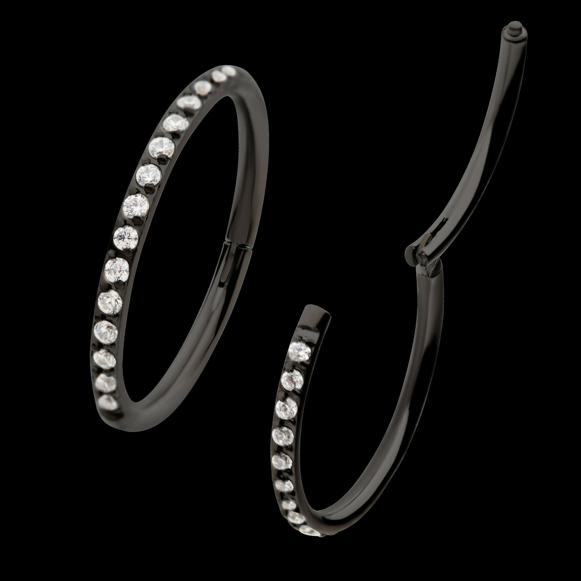Black PVD Titanium CNC Set Clear CZ Eternity Side Facing Hinged Segment Clicker Hoop Earring / Nosering