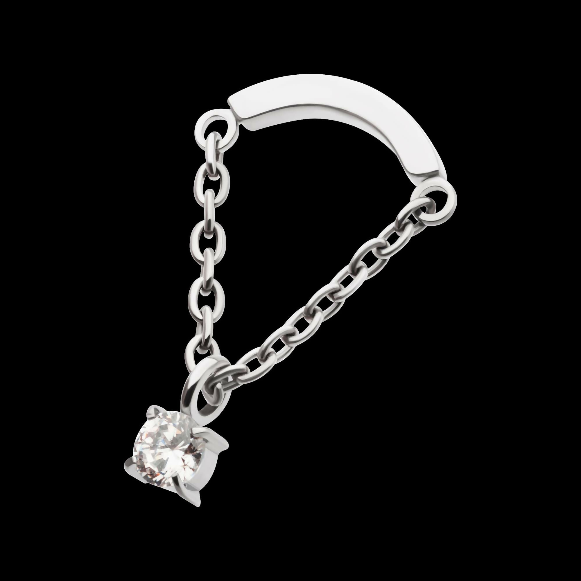Titanium Threadless Curved Bar Top with Dangle Chain & Prong Set Round AAA CZ