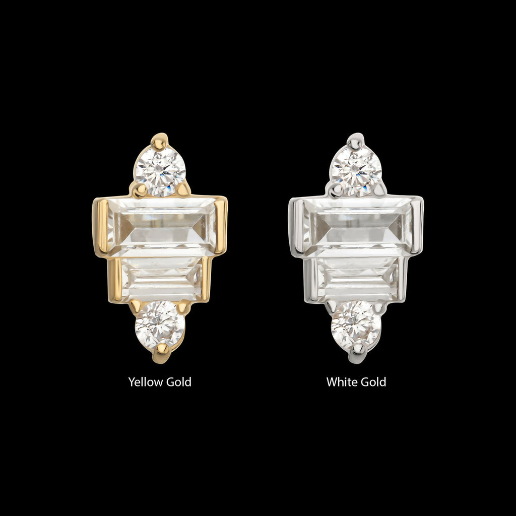 14Kt Gold Threadless 3D Geometric Baguette & Round Gem Top