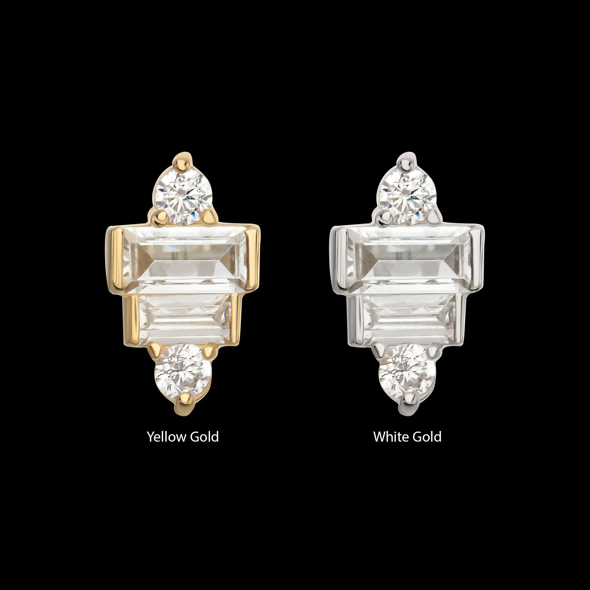 14Kt Gold Threadless 3D Geometric Baguette & Round Gem Top