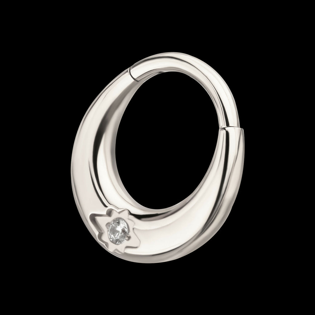 Etched Design with Prong Set Gem Sleek Dome Septum Front Facing Hinged Segment Clicker Hoop Earring / Nosering – Titanium