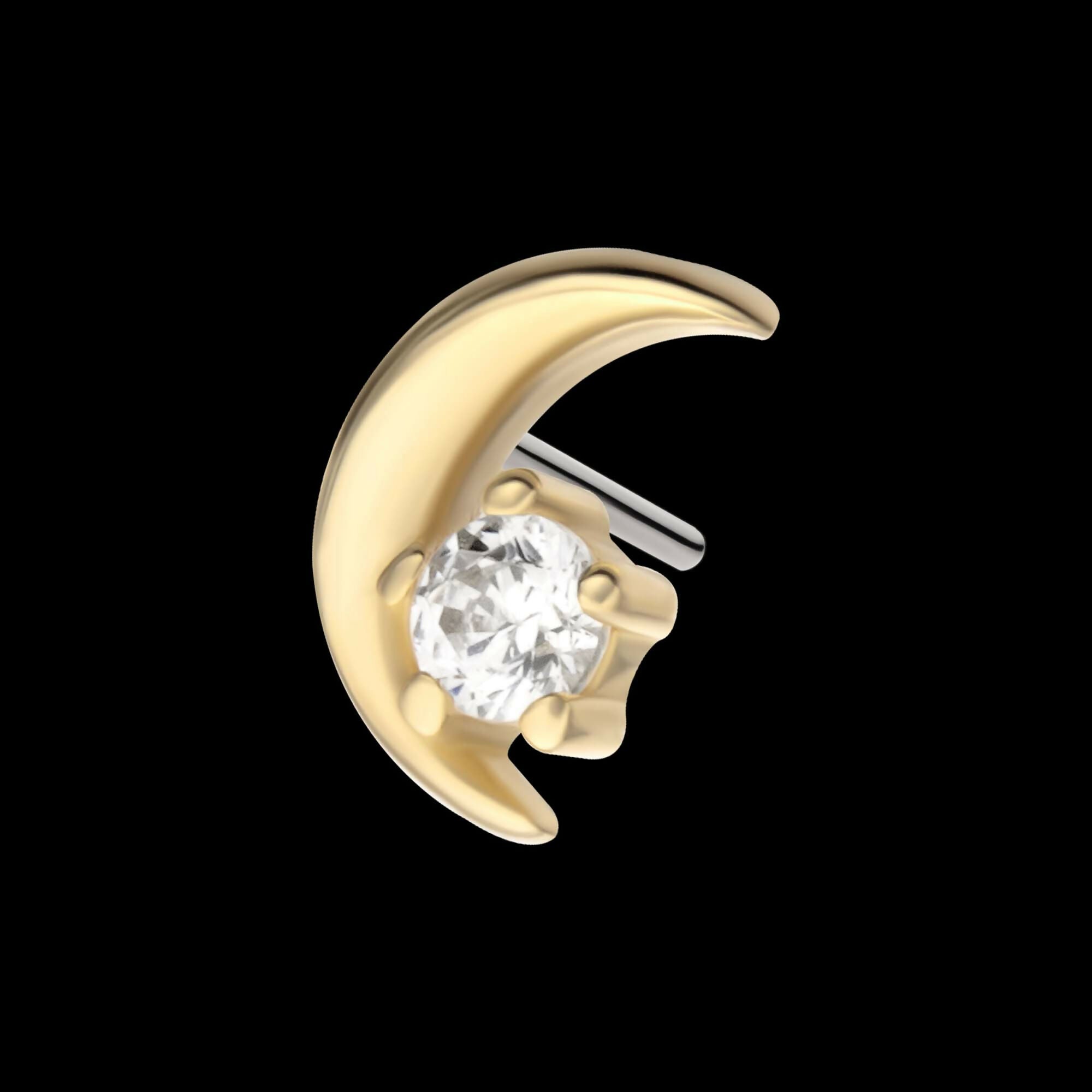 14Kt Gold Threadless Crescent Moon with Round Gem/Opal Top