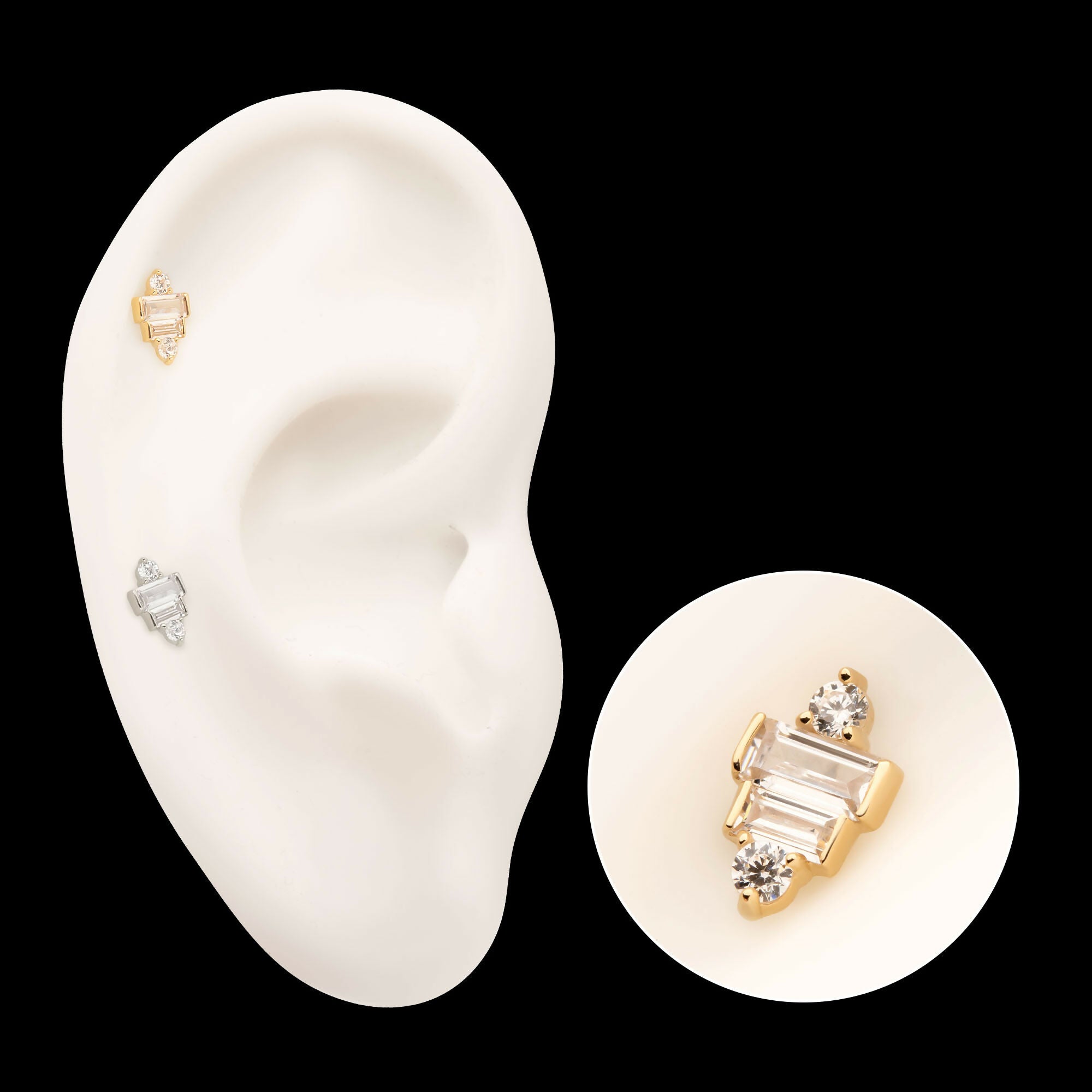 14Kt Gold Threadless 3D Geometric Baguette & Round Gem Top