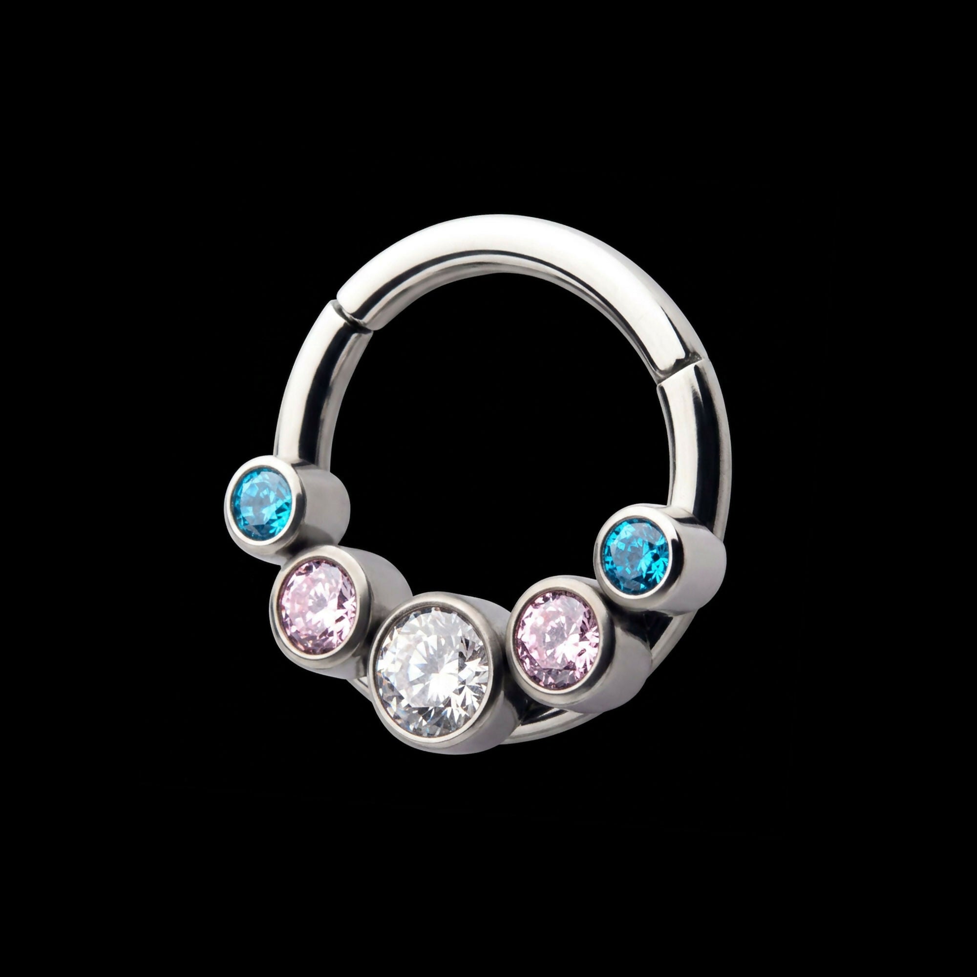 Transgender Bezel Set CZ 5-Cluster Front Facing Hinged Segment Clicker Hoop Earring / Nosering – Titanium