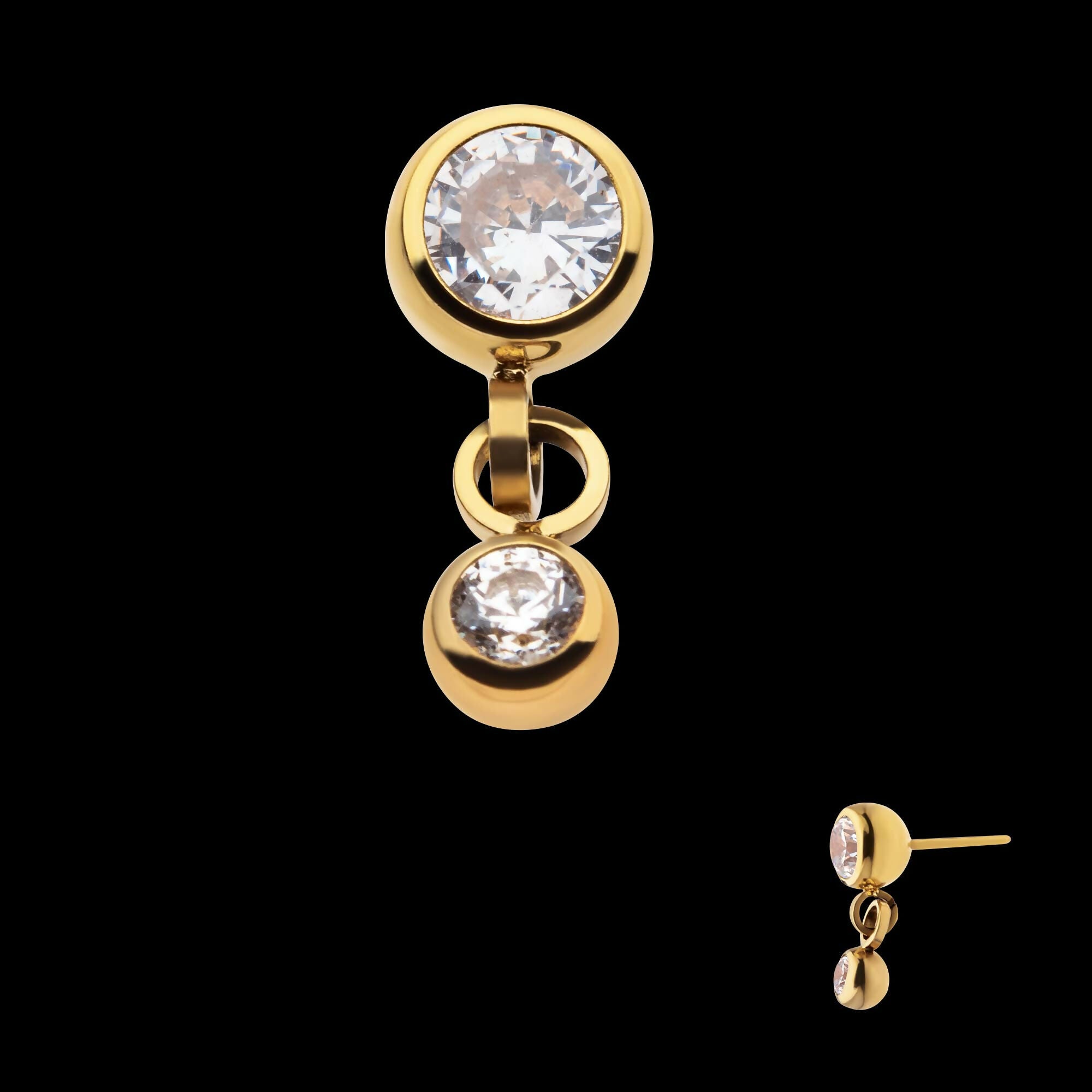 24Kt Gold PVD Titanium Threadless Double Bezel Set CZ Dangle Top