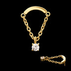 24Kt Gold PVD Titanium Threadless Curved Bar Top with Prong Set Gem Chain Dangle