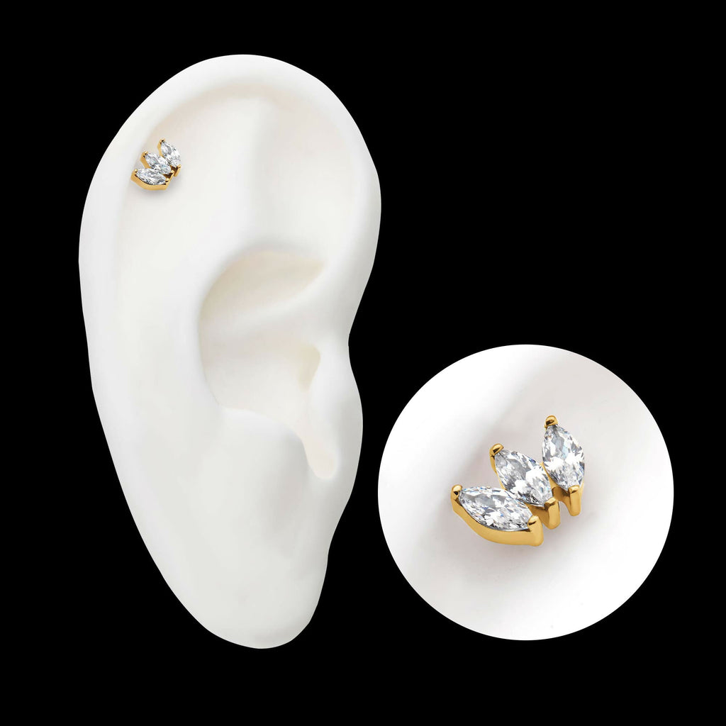 24Kt Gold PVD Titanium Threadless with Prong Set Marquise CZ 3-Cluster Top