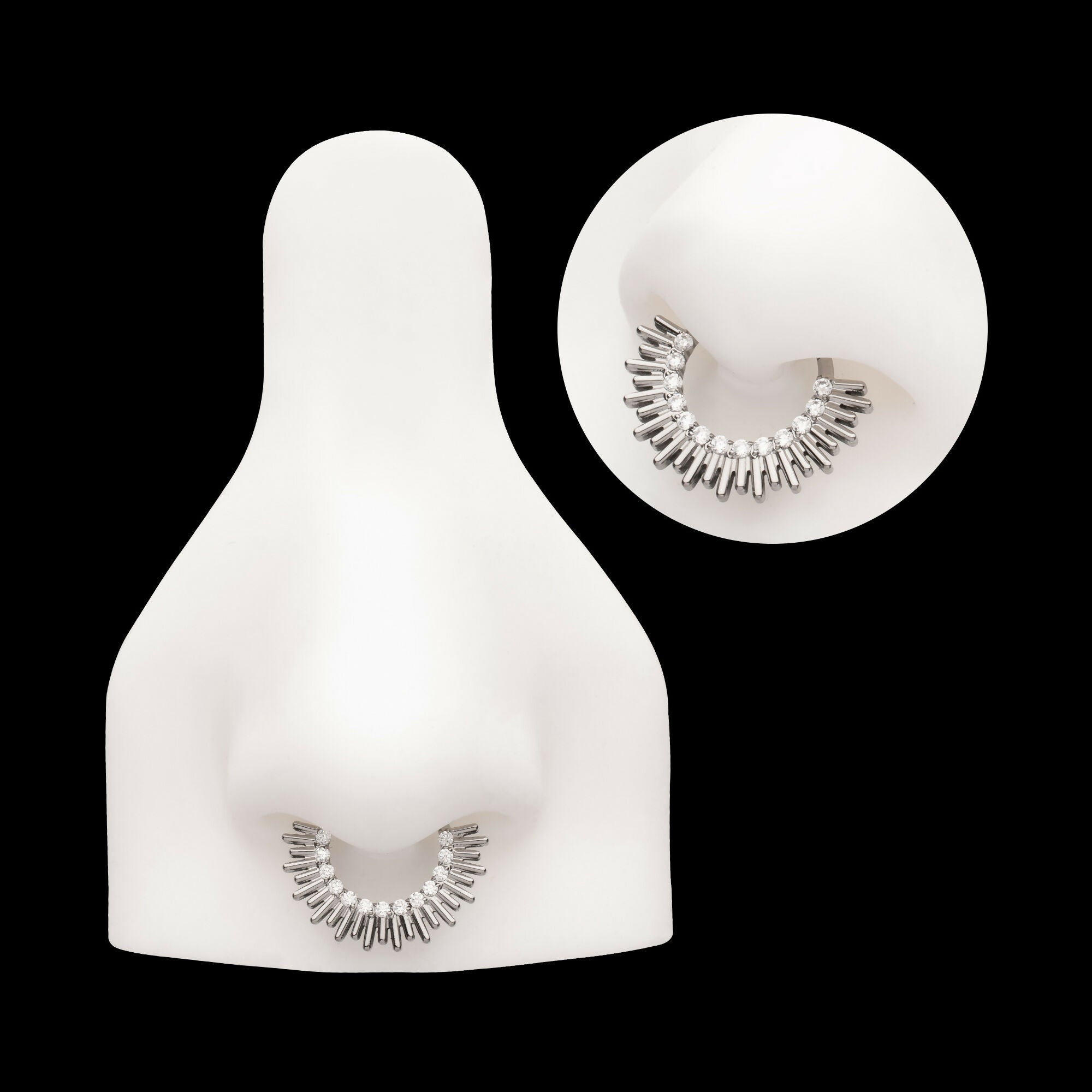 Pronged Round CZ Sun Rays Cluster Front Facing Hinged Segment Clicker Hoop Earring / Nosering – Titanium