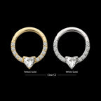 3mm Prong Set Heart with 1mm CNC Set Round Gem Front Facing Hinged Segment Clicker Hoop Earring / Nosering – 14Kt Gold
