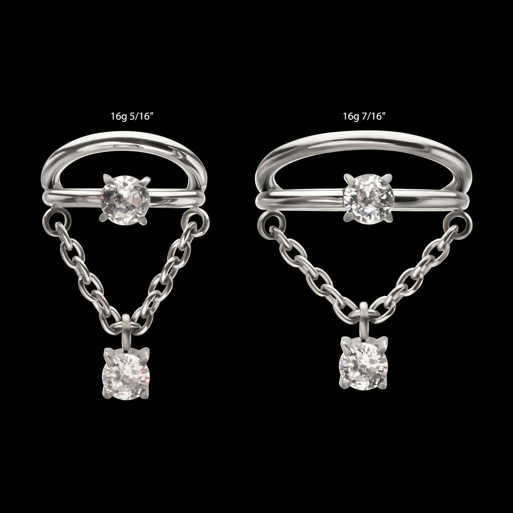 Prong Set Gem Open Stack Double Hoop with Gem Chain Dangle Hinged Segment Clicker Earring / Nosering – Titanium