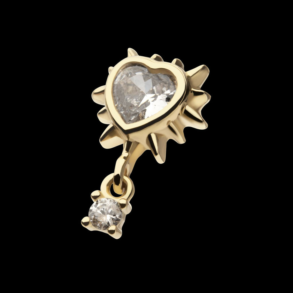 14Kt Yellow Gold Threadless Spike Edge Bezel Heart Gem Top with Prong Set Round Dangle