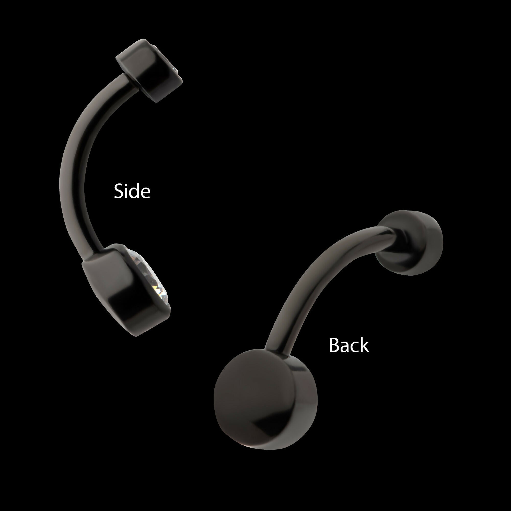 Black PVD Titanium Internally Threaded Bezel Set Double CZ Smooth Rounded Back Fixed Bottom Navel Ring Earring / Nosering