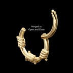 Single Sculpted Barbed Wire Wrap Front Facing Hinged Segment Clicker Hoop Earring / Nosering – 14Kt Yellow Gold