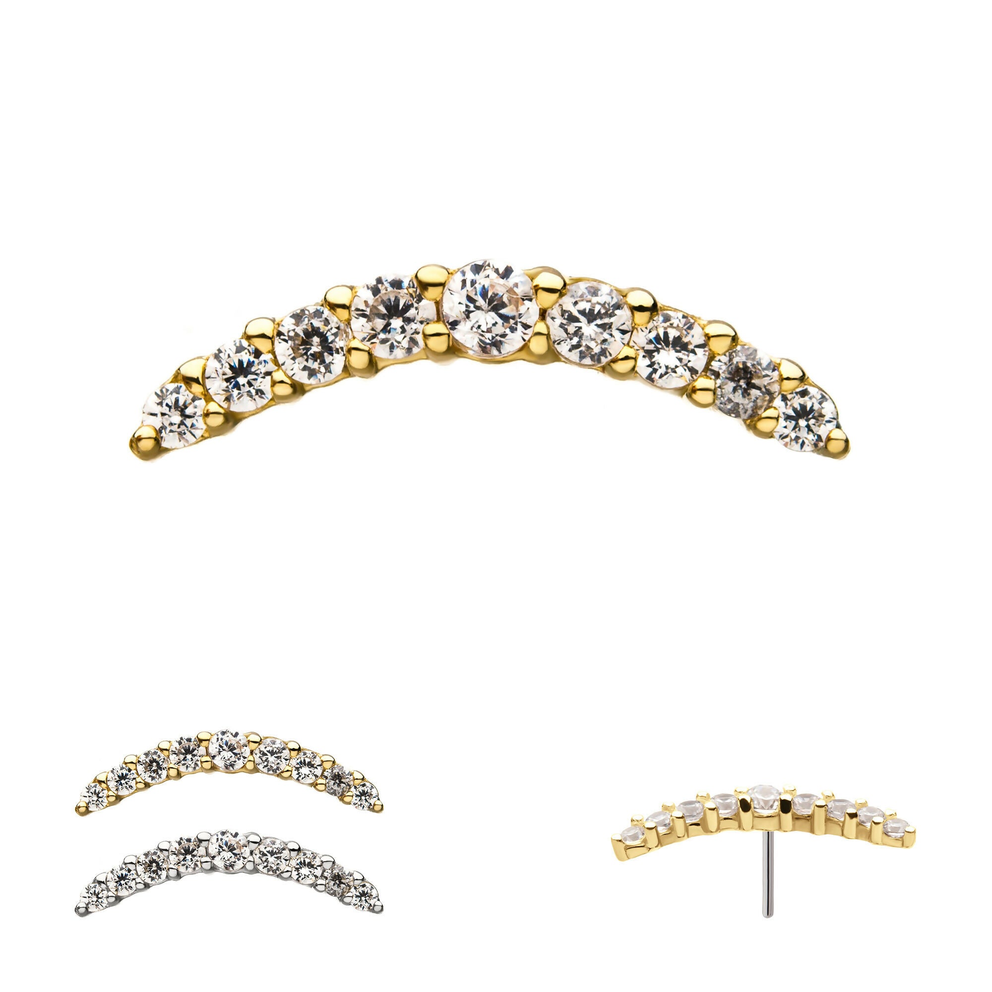 Curved Bar with 9 Prong Set Gem Cluster Flatback Stud Earring / Nosering - Gem in 14Kt Gold