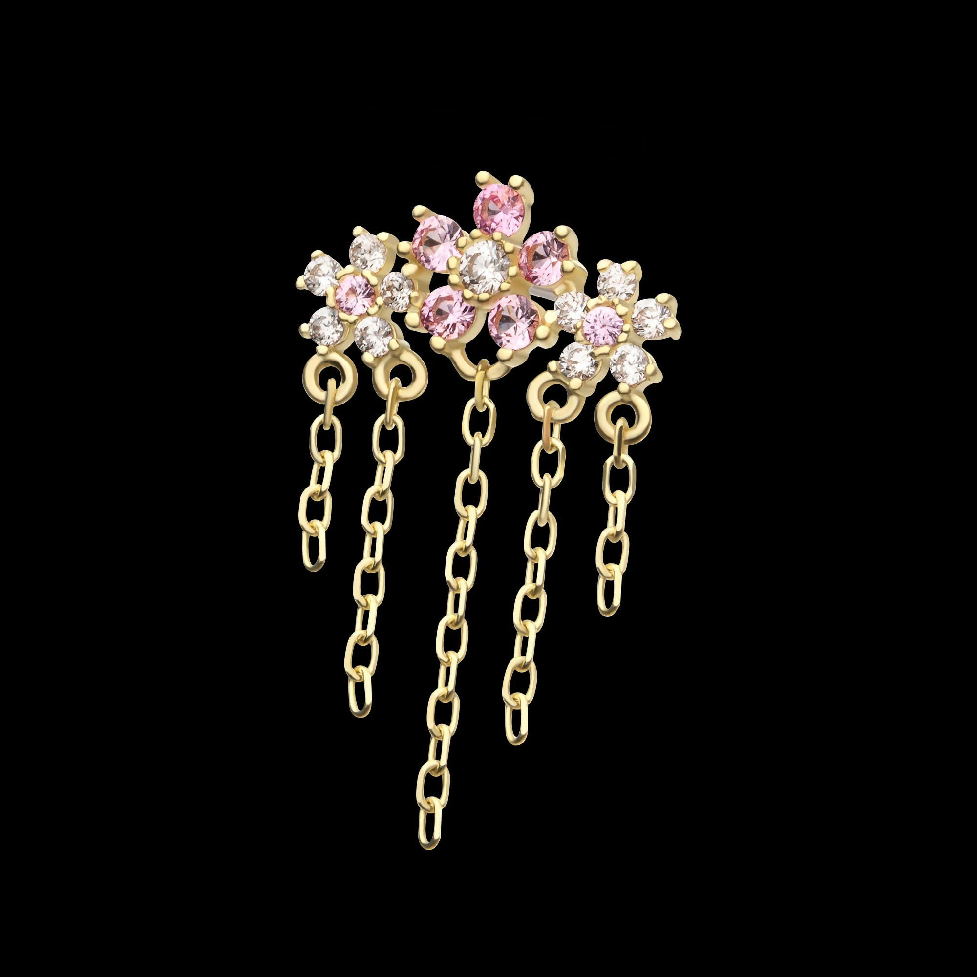 14Kt Yellow Gold Threadless Prong Set Gem Triple Cherry Blossom Flower Top with 5-Chain Dangle