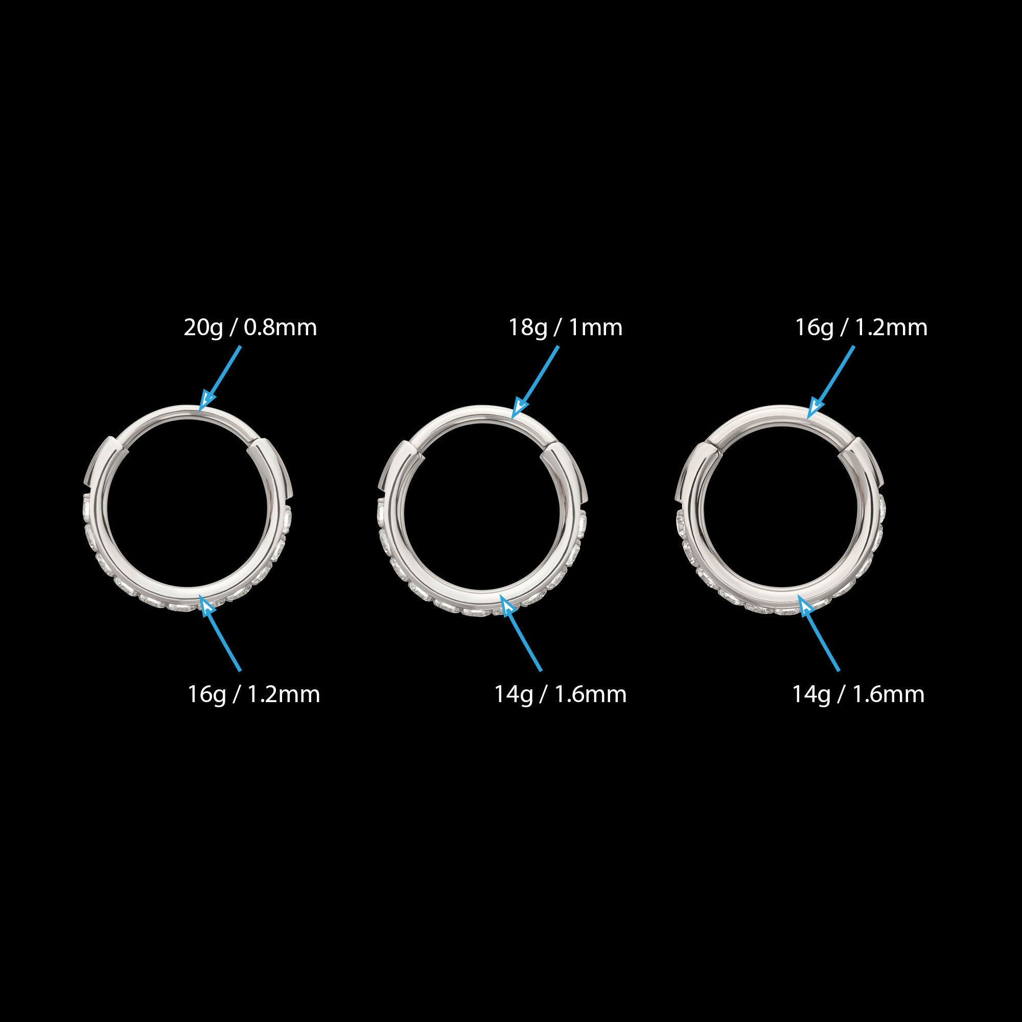 CNC Set Full Clear CZ Eternity Gem with Thicker Outer Hoop Side Facing Hinged Segment Clicker Earring / Nosering – Titanium