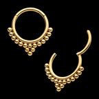 24KT Gold PVD Titanium Beaded Classic Clustered Front Facing Hinged Segment Clicker Hoop Earring / Nosering