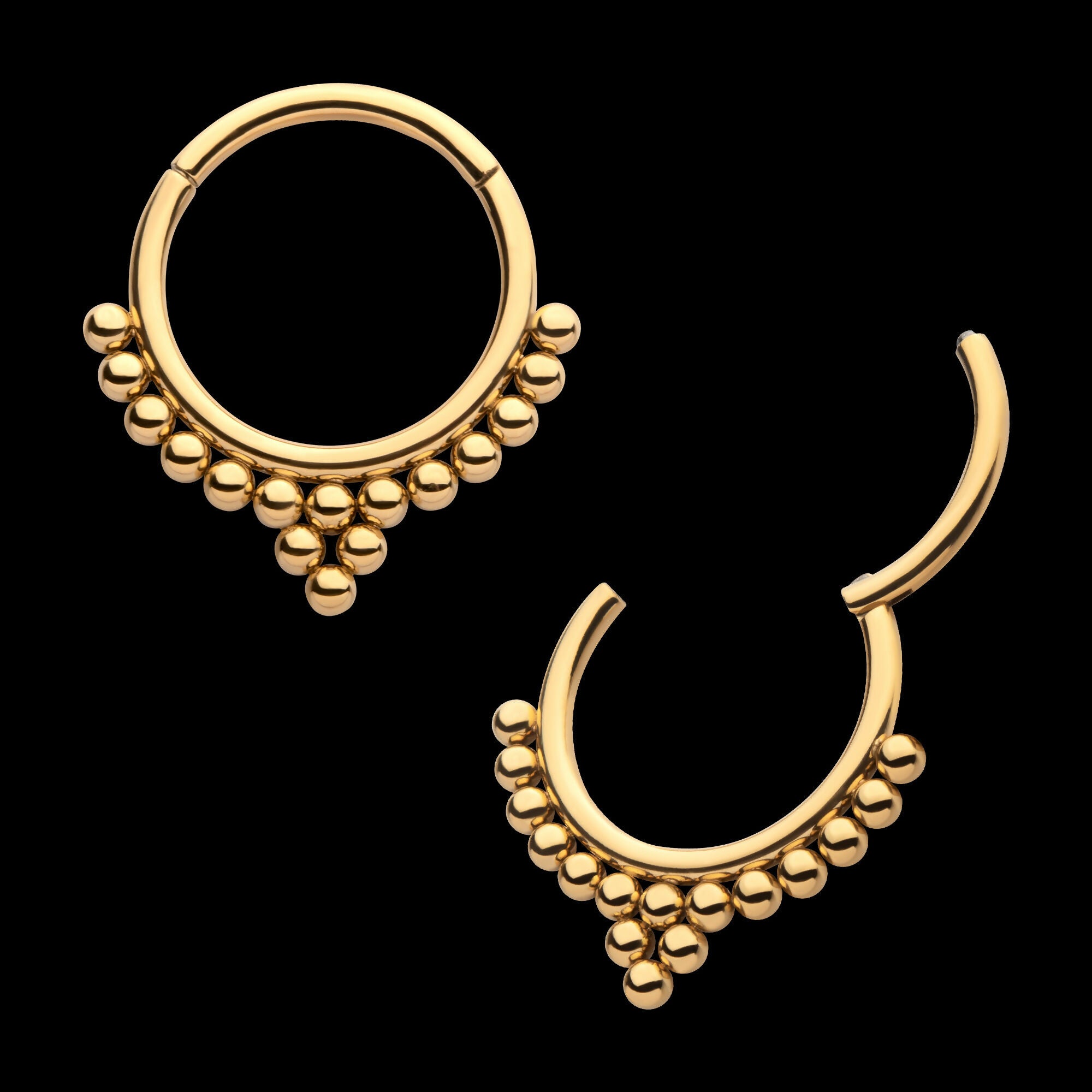 24KT Gold PVD Titanium Beaded Classic Clustered Front Facing Hinged Segment Clicker Hoop Earring / Nosering