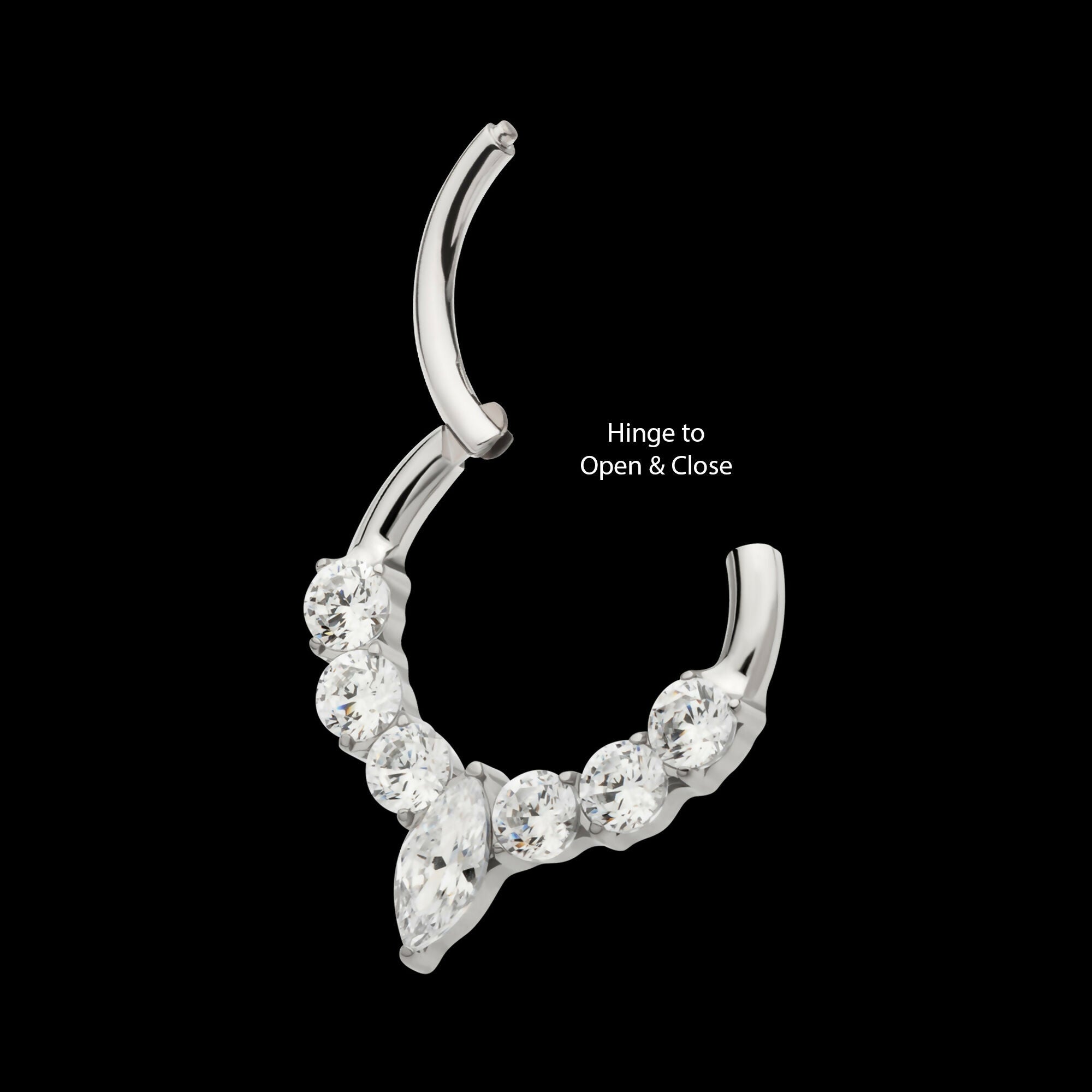 Clustered Prong Set Round CZ with Center Marquise CZ Front Facing Hinged Segment Clicker Hoop Earring / Nosering – Titanium