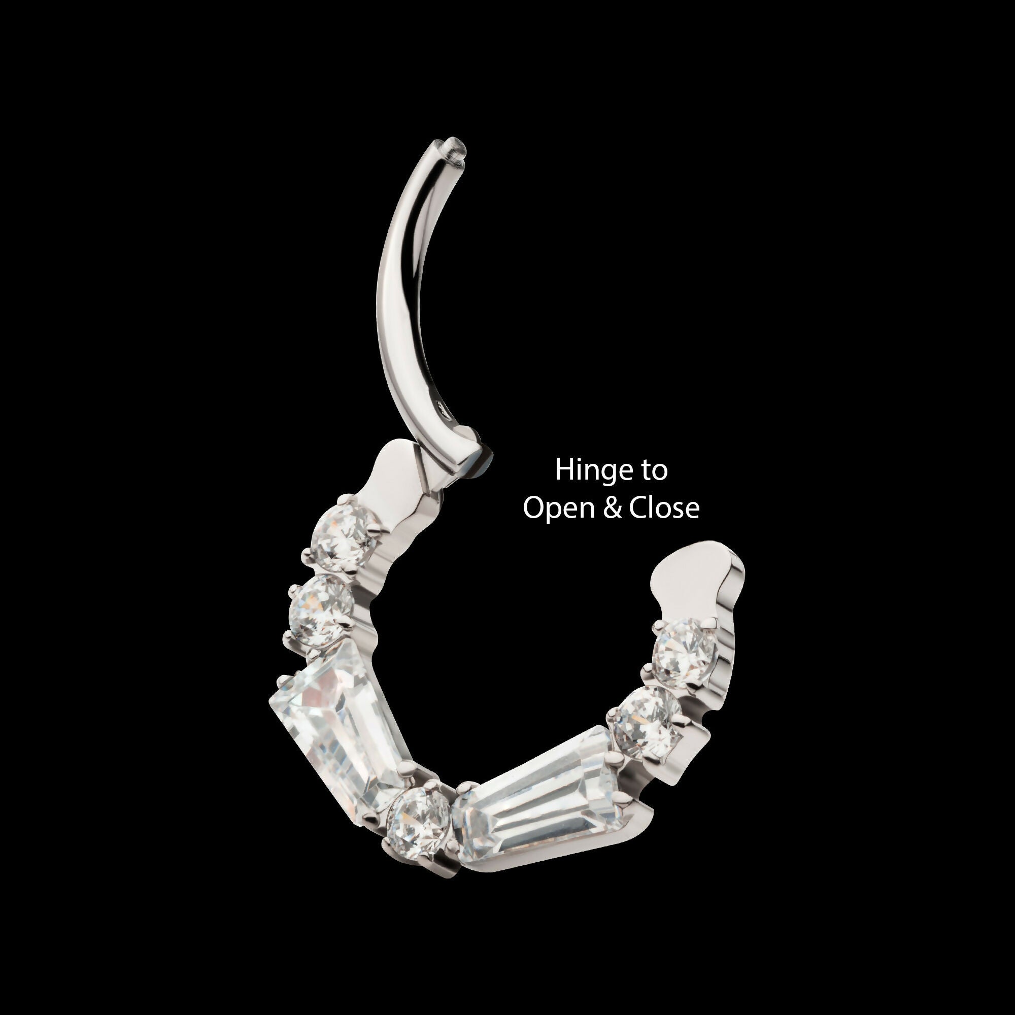 Clustered Prong Set Baguette & Round CZ Front Facing Hinged Segment Clicker Hoop Earring / Nosering – Titanium