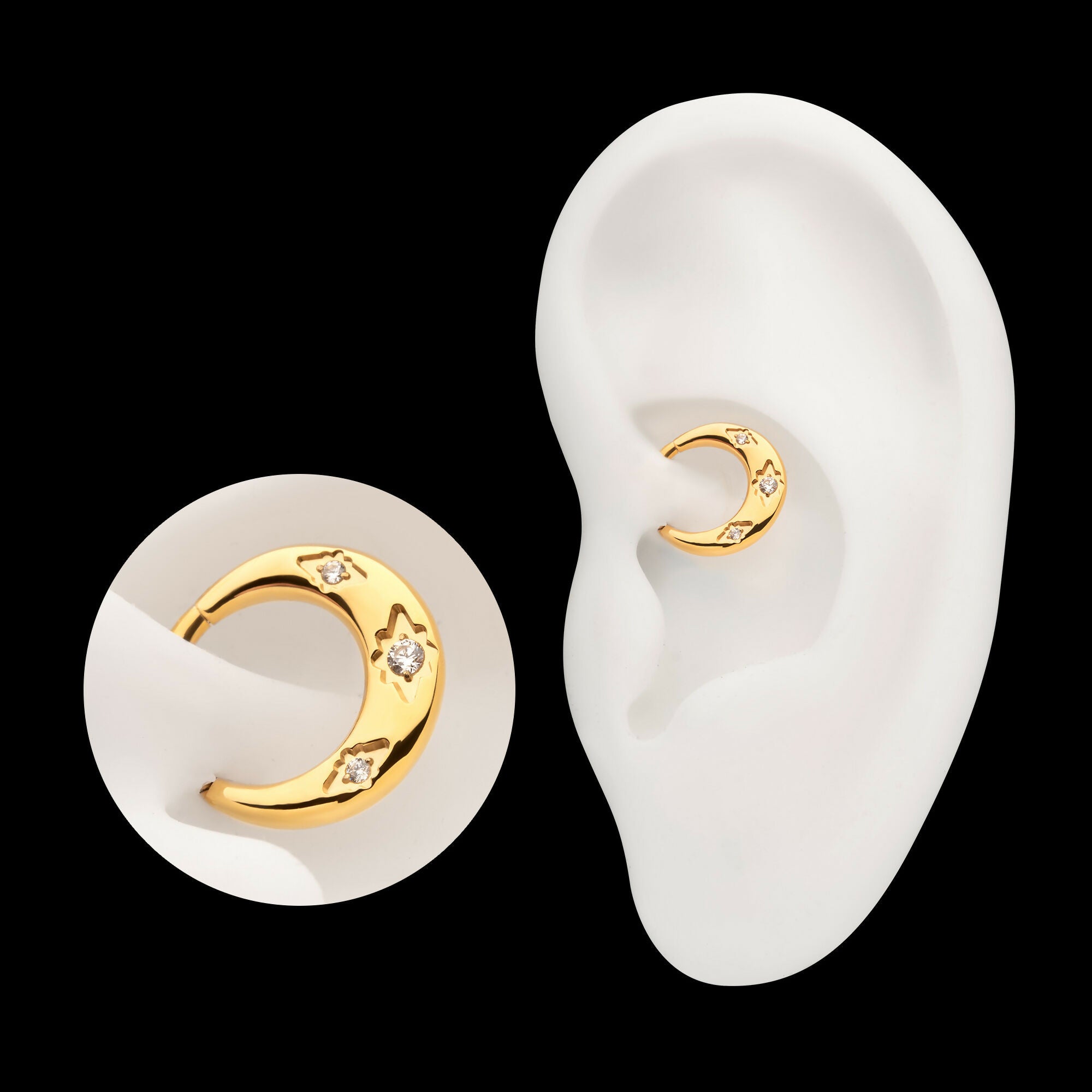 24Kt Gold PVD Titanium Triple Etched Design with Prong Set Gem Sleek Dome Septum Front Facing Hinged Segment Clicker Hoop Earring / Nosering