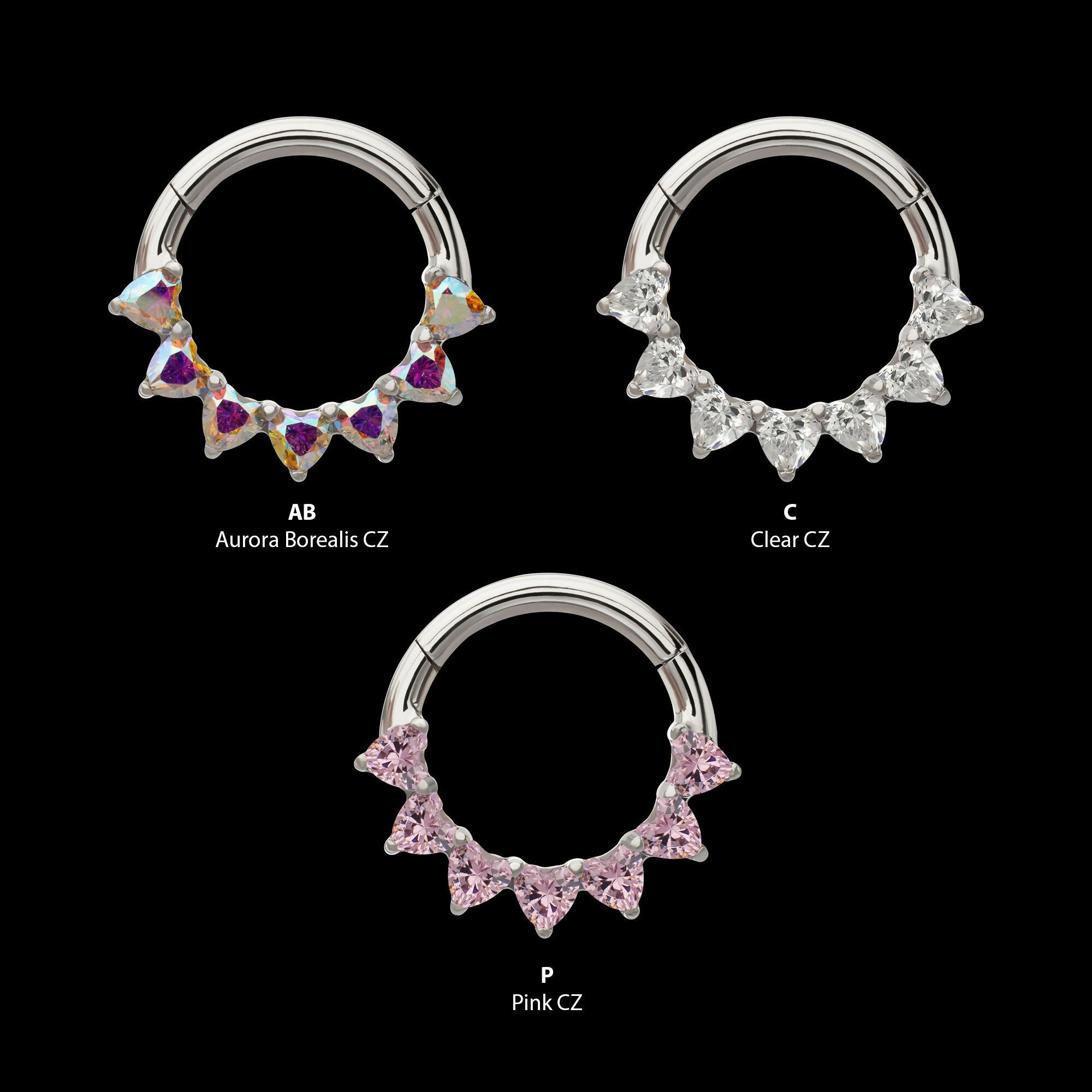 Seven Heart-Cut Gem Front Facing Hinged Segment Clicker Hoop Earring / Nosering – Titanium