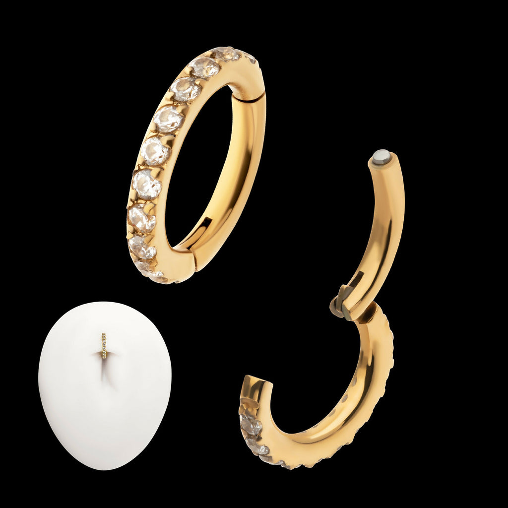 14g 24Kt Gold PVD Titanium Oval Shape with CNC Set Full Clear CZ Hinged Segment Clicker (for Navel Piercing) Hoop Earring / Nosering