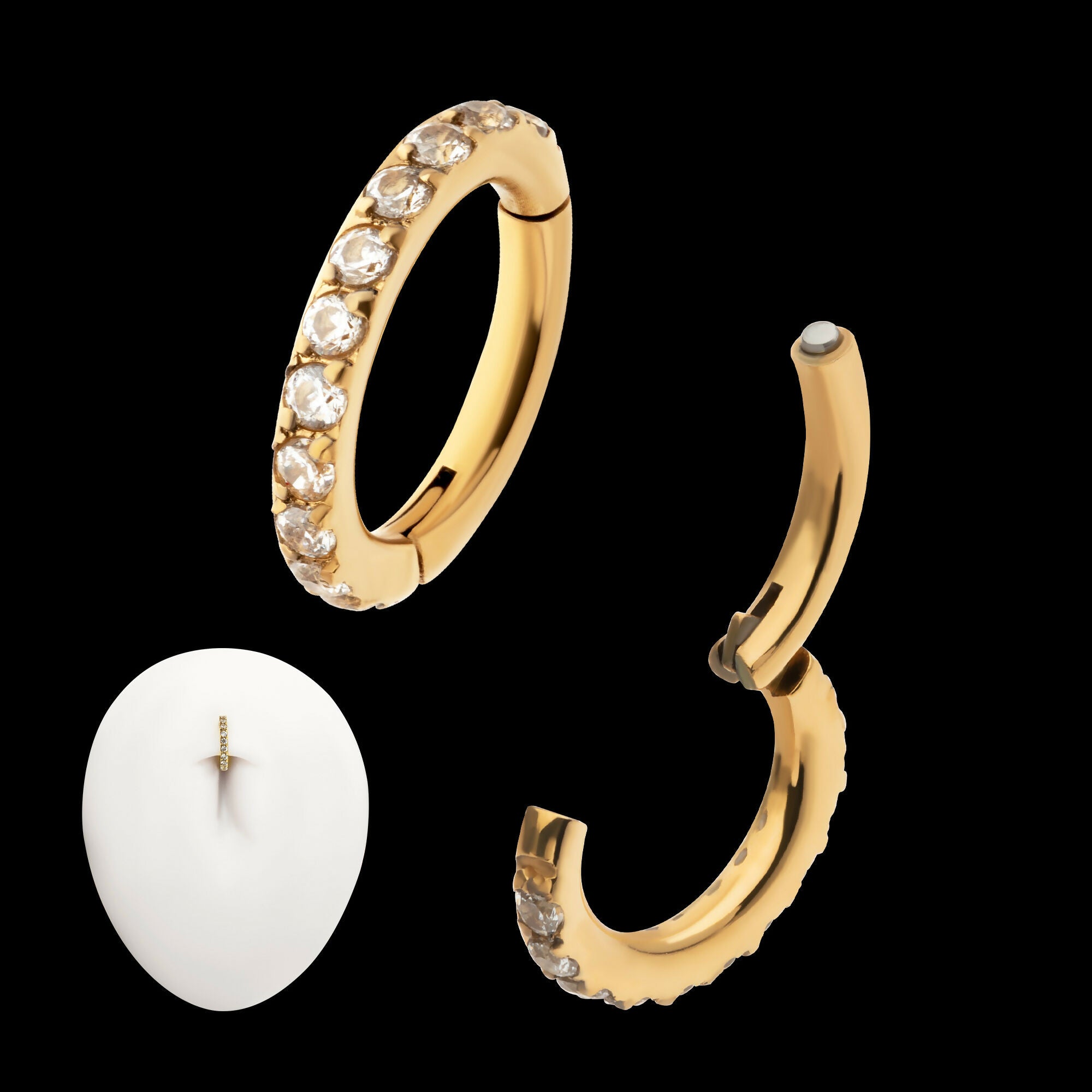 14g 24Kt Gold PVD Titanium Oval Shape with CNC Set Full Clear CZ Hinged Segment Clicker (for Navel Piercing) Hoop Earring / Nosering