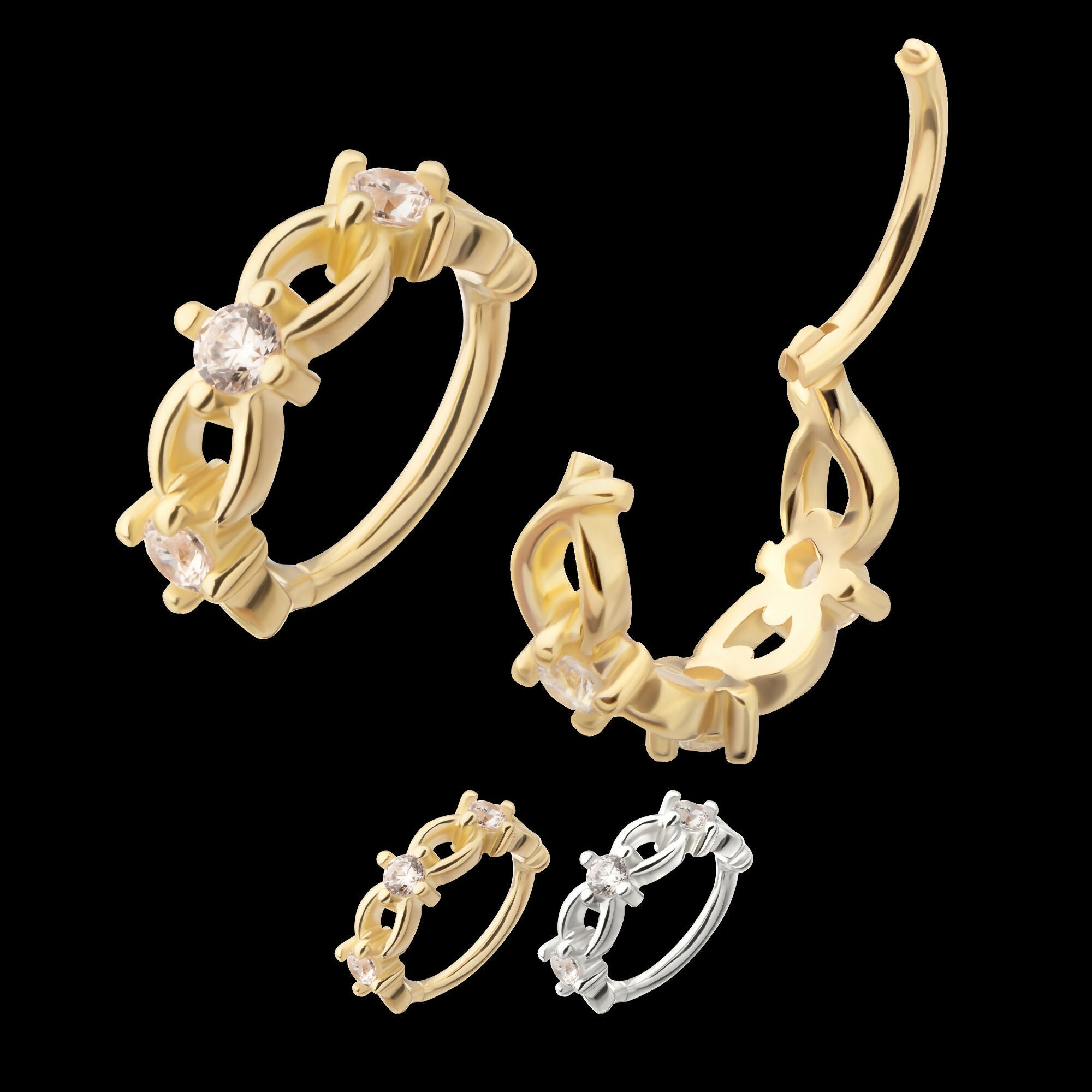 Braided Design Side Facing Hinged Segment Clicker with Prong Set Gem Hoop Earring / Nosering – 14Kt Gold