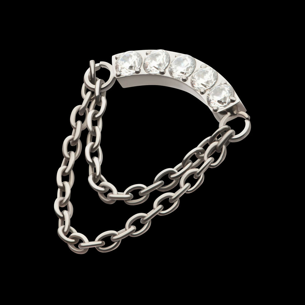 Titanium Threadless 5-Cluster Round AAA CZ Curved Bar Top with 2 Tier Dangle Chain