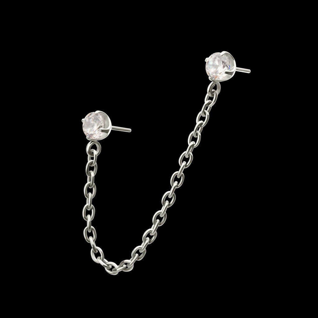 Titanium Threadless Double Prong Set Gem Top with Rolo Chain Dangle