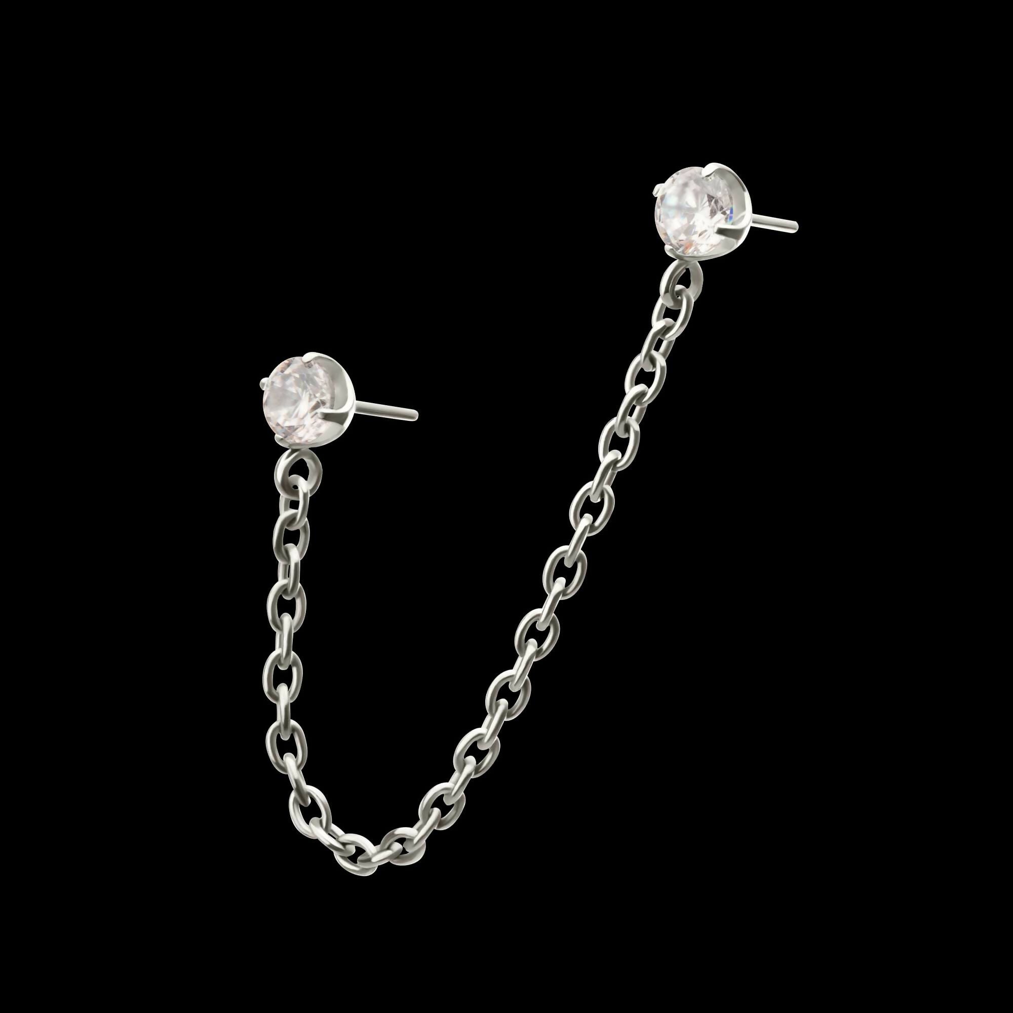 Titanium Threadless Double Prong Set Gem Top with Rolo Chain Dangle