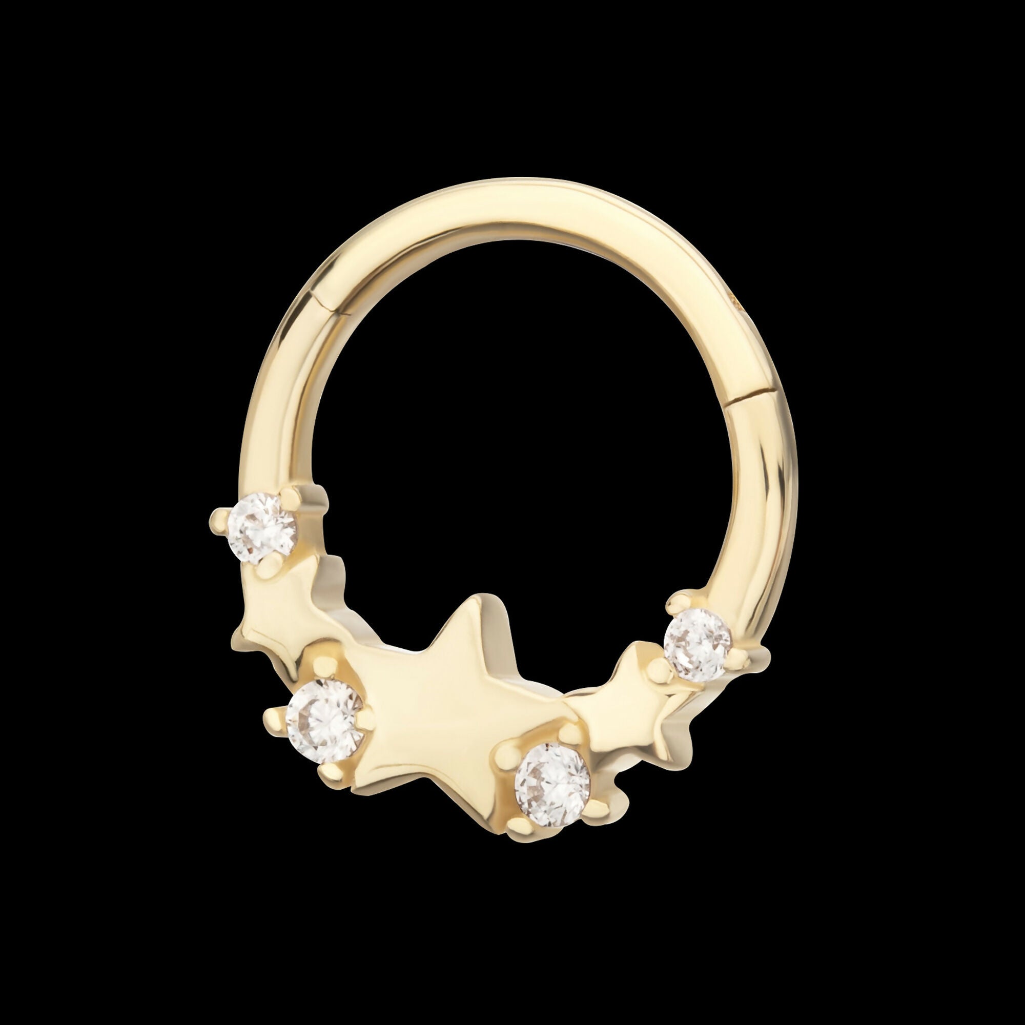 Triple Staggered Star with Prong Set Gem Front Facing Hinged Segment Clicker Hoop Earring / Nosering – 14Kt Yellow Gold