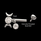 Internally Threaded Gem Triple Moon Phase Fixed Top Curved Barbell with Floating Bezel CZ Dangle Earring / Nosering – Titanium