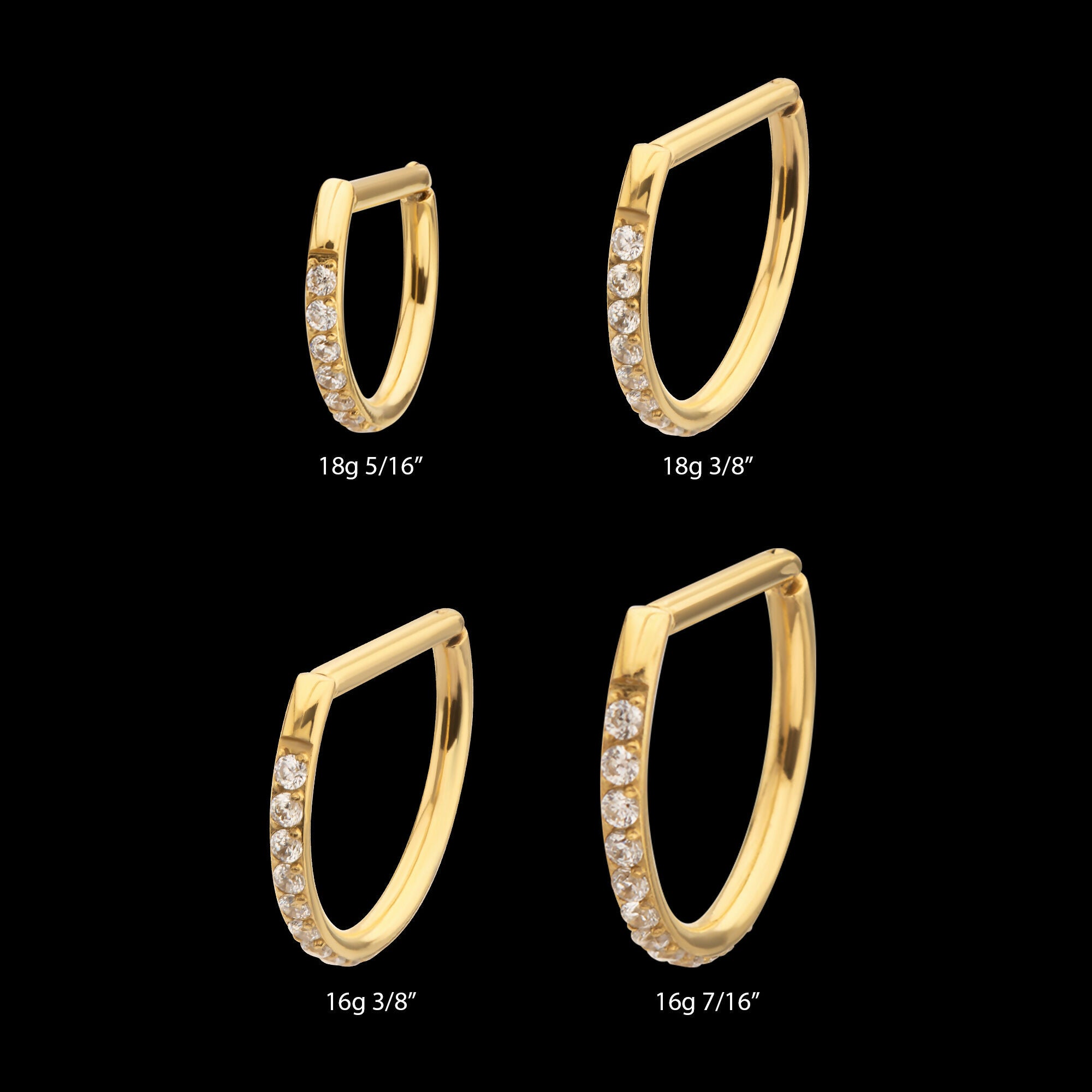 24Kt Gold PVD Titanium D-Ring Clicker with CNC Set Clear CZ Gem Hoop Earring / Nosering