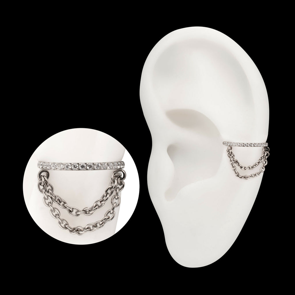 Pave Gem Hoop with 2-Tier Chain Dangle Hinged Segment Clicker Earring / Nosering – Titanium