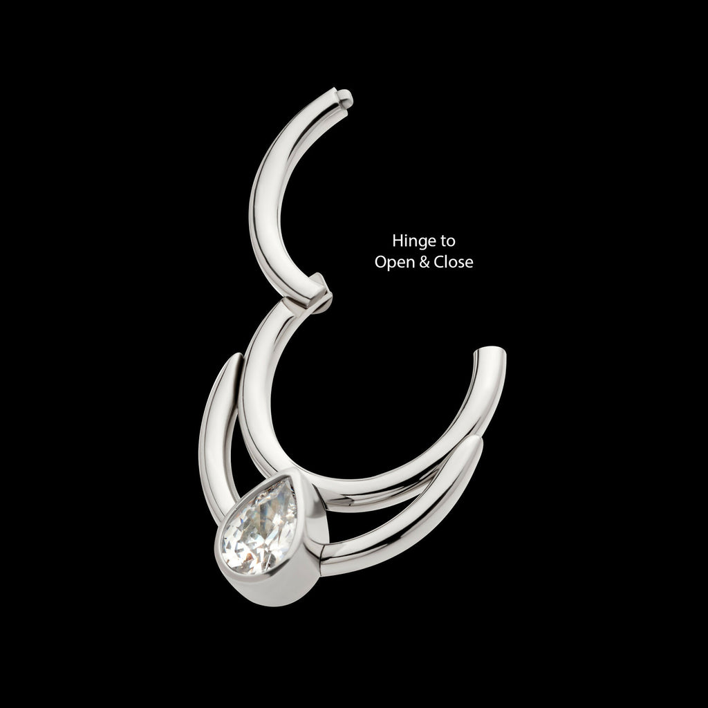 Double Hoop with Pear-Shaped Gem Front Facing Hinged Segment Clicker Earring / Nosering – Titanium