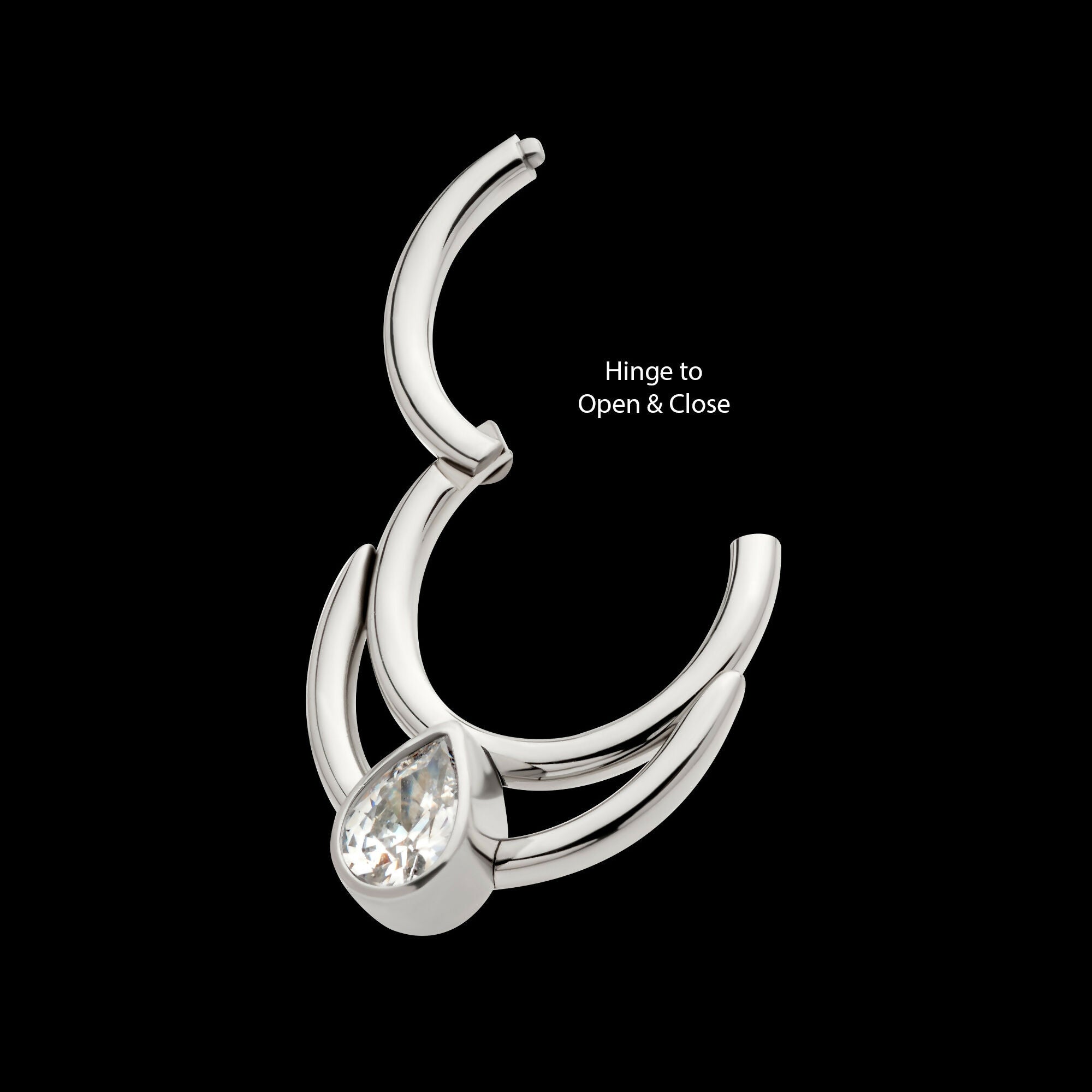 Double Hoop with Pear-Shaped Gem Front Facing Hinged Segment Clicker Earring / Nosering – Titanium