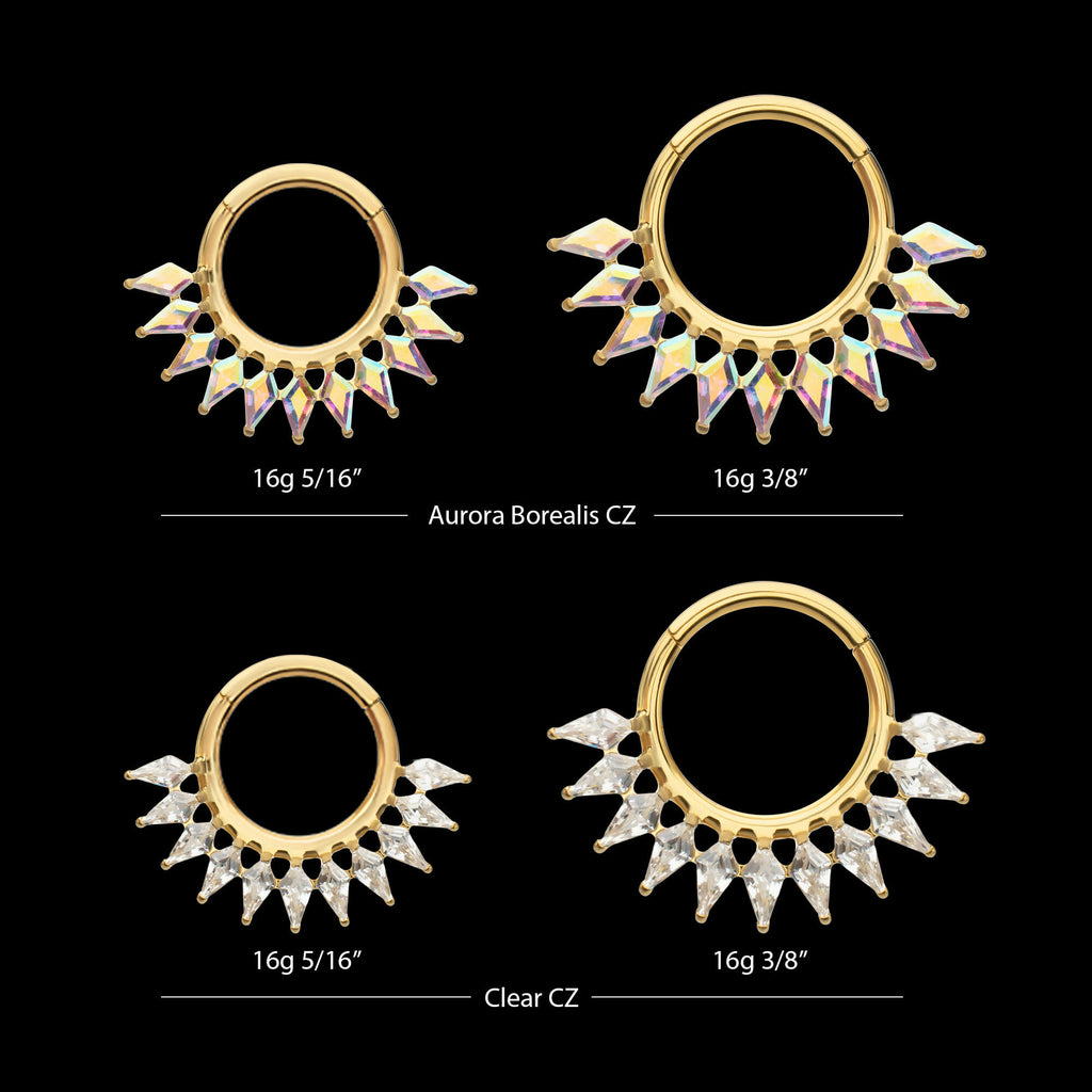 24Kt Gold PVD Titanium Kite Shape Gem Cluster Fan Front Facing Hinged Segment Clicker Hoop Earring / Nosering