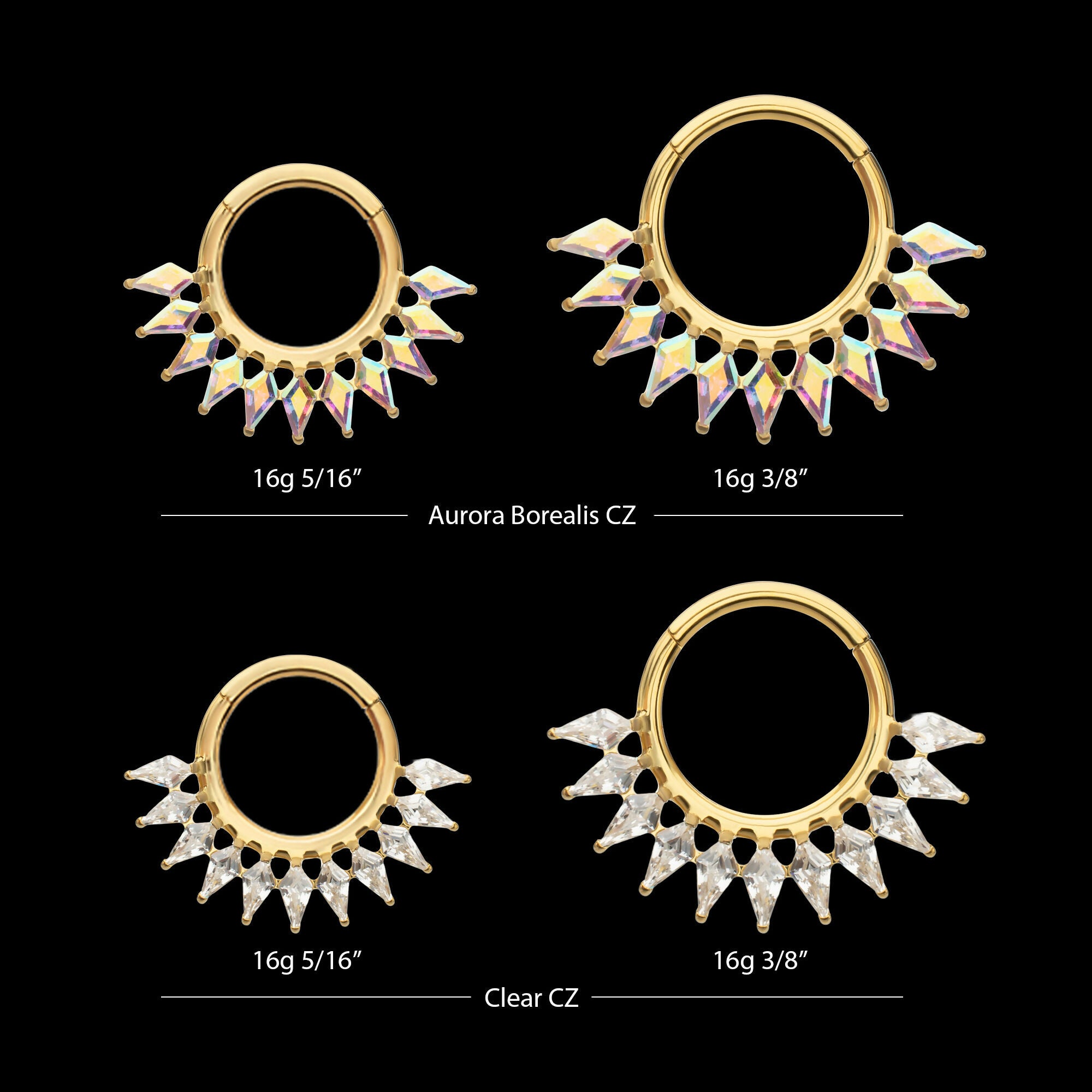 24Kt Gold PVD Titanium Kite Shape Gem Cluster Fan Front Facing Hinged Segment Clicker Hoop Earring / Nosering