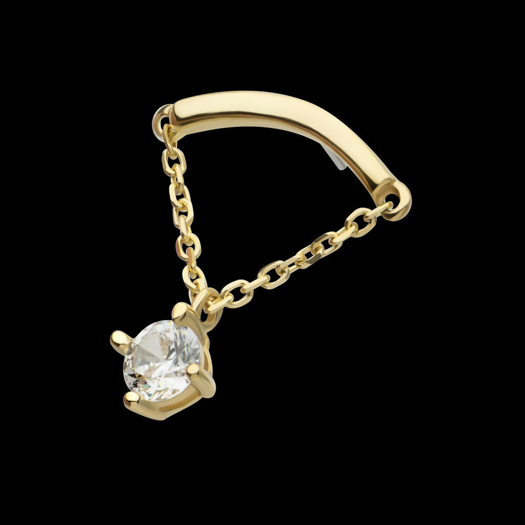 14Kt Yellow Gold Threadless Curve Bar Top with 1 Round Prong Set CZ Dangle Chain