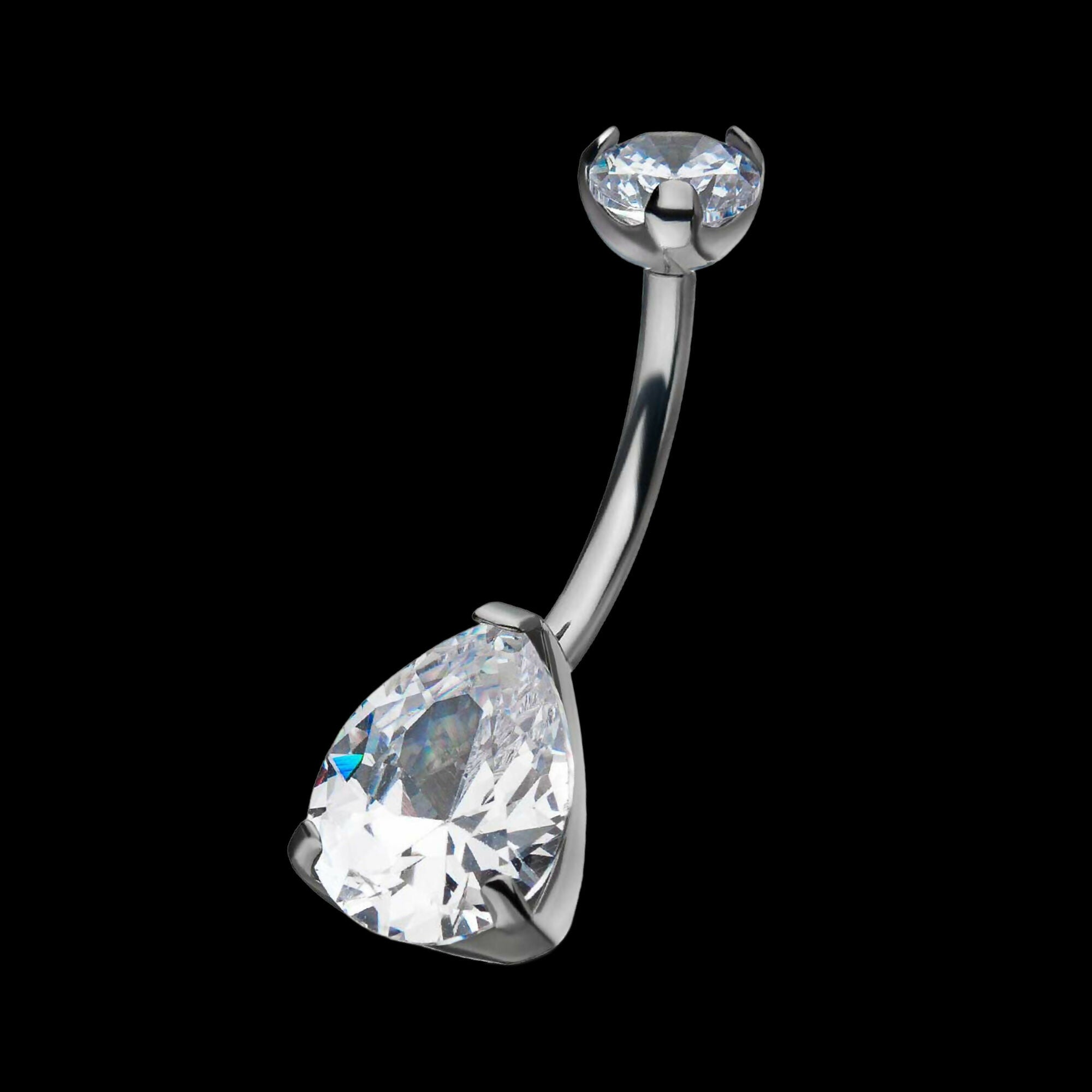 Internally Threaded Double CZ Gem 3-Prong Teardrop Navel Curves Earring / Nosering – Titanium