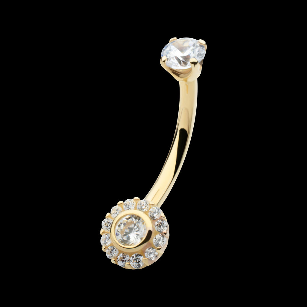 Internally Threaded Multi Clear CZ Flower Shape Fixed Bottom Navel Earring / Nosering – 14Kt Gold