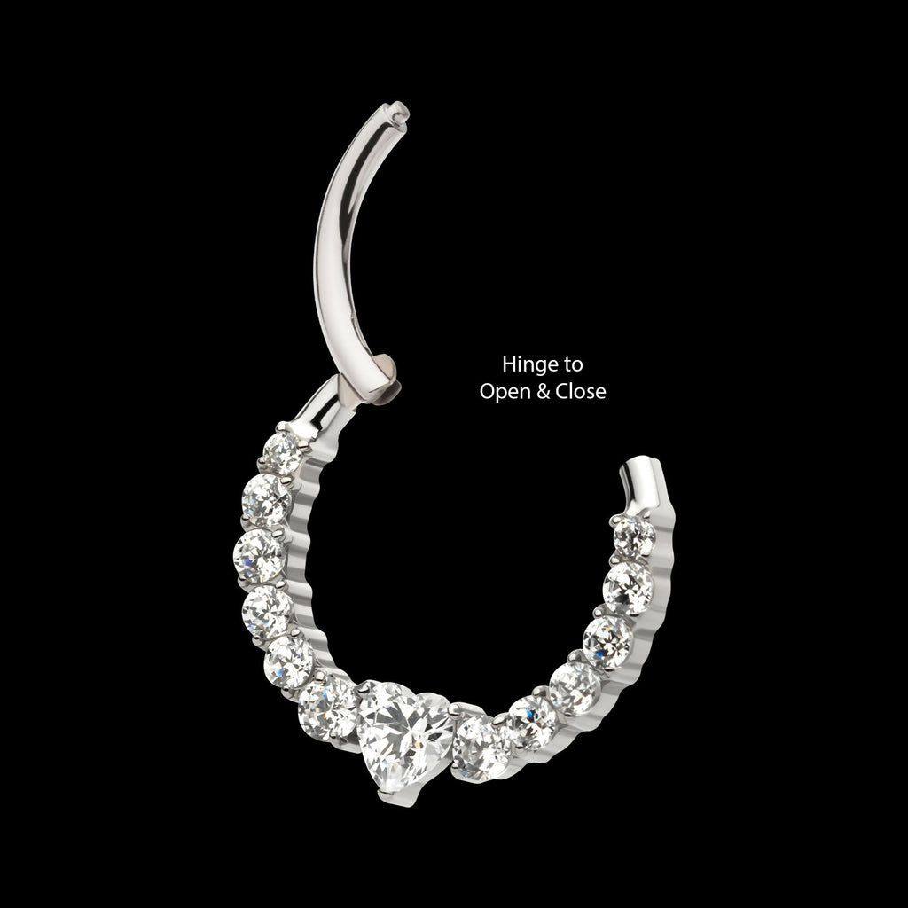 Clustered Prong Set Round CZ with Center Heart CZ Front Facing Hinged Segment Clicker Hoop Earring / Nosering – Titanium