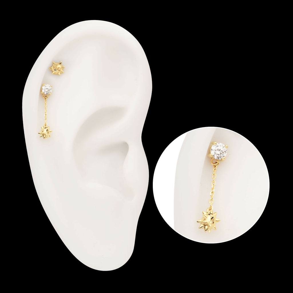 14Kt Gold Threadless Prong Set Gem Top with Mace Ball Dangle