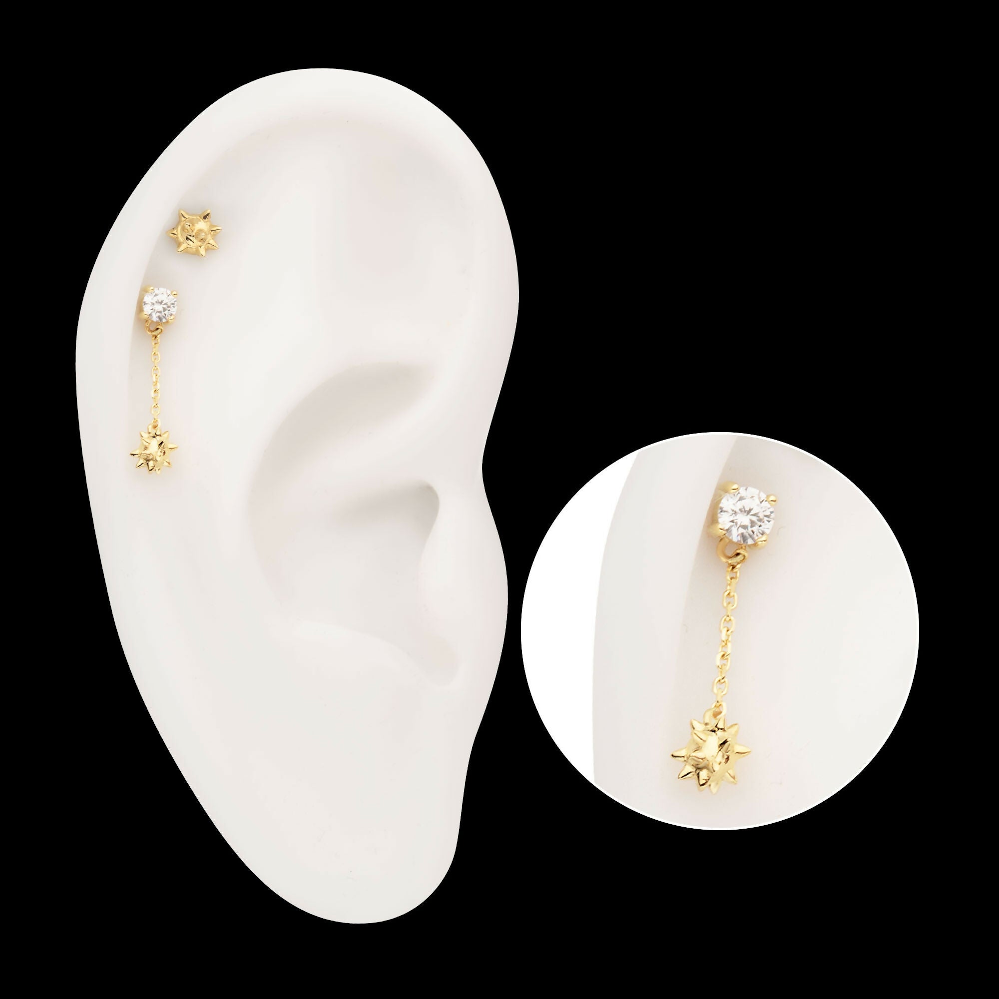 14Kt Gold Threadless Prong Set Gem Top with Mace Ball Dangle