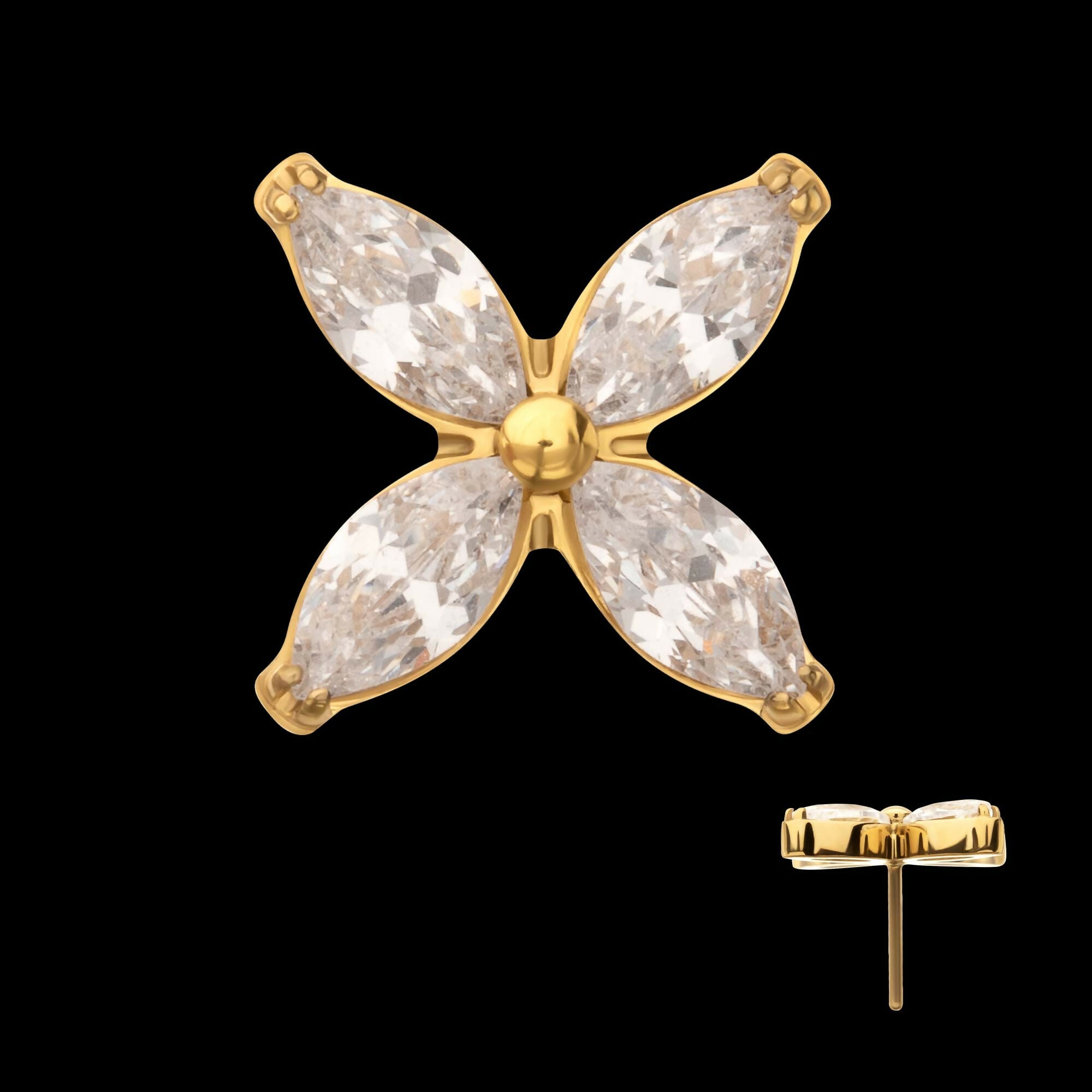 24Kt Gold PVD Titanium Threadless 4-Marquise Flower Gem Top