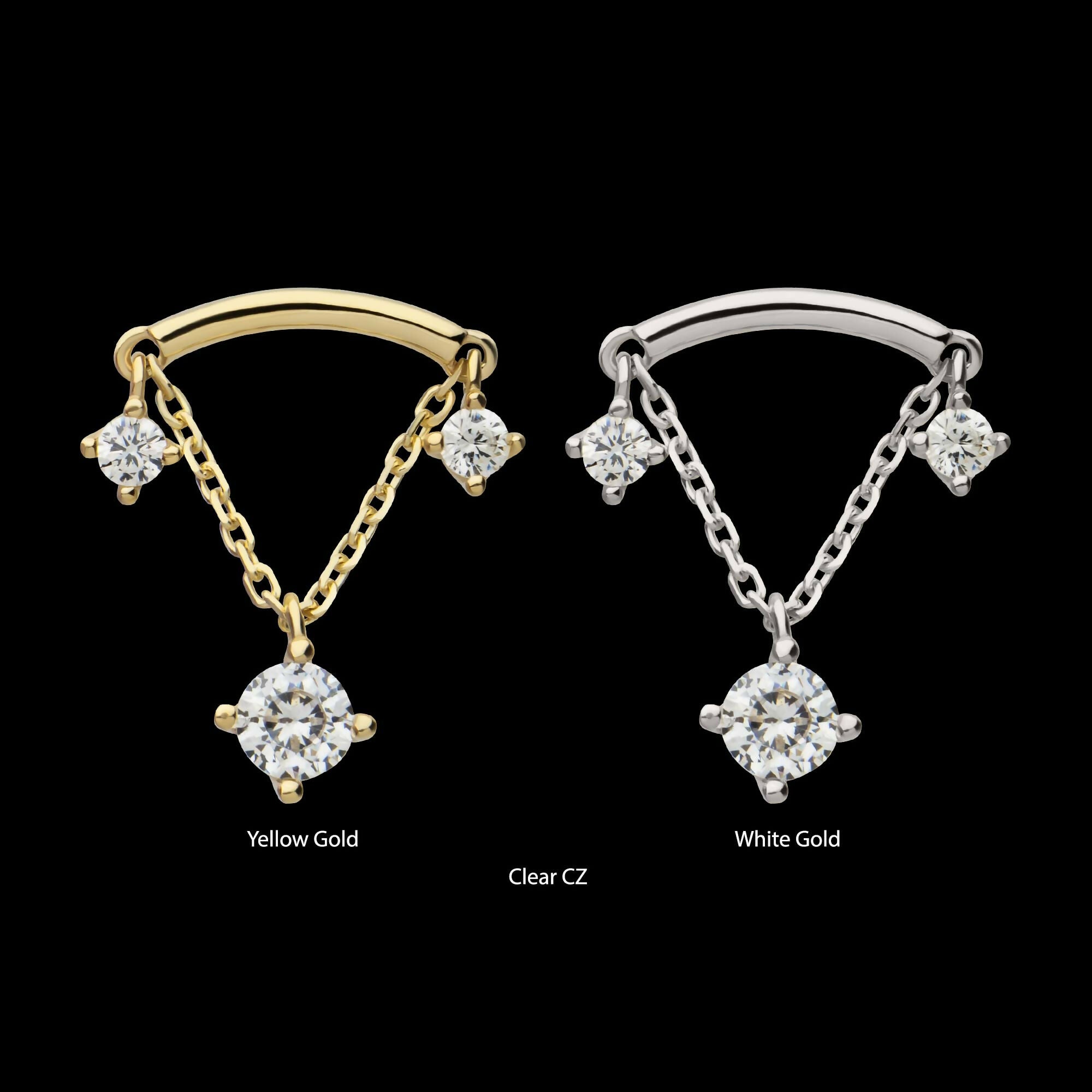 14Kt Gold Threadless Curve Bar Top with Prong Set Gem & Chain Dangle