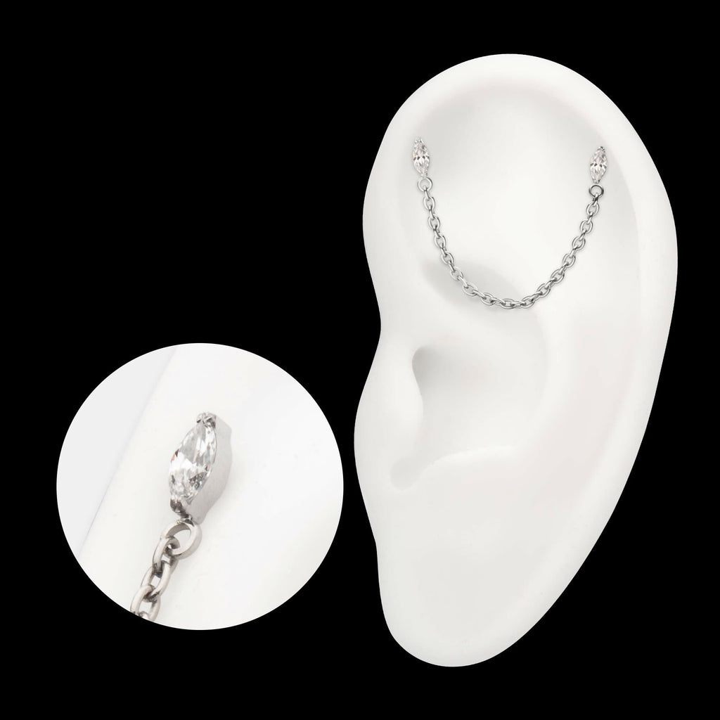 Titanium Threadless Double Prong Set Marquise Gem Top with Rolo Chain Dangle
